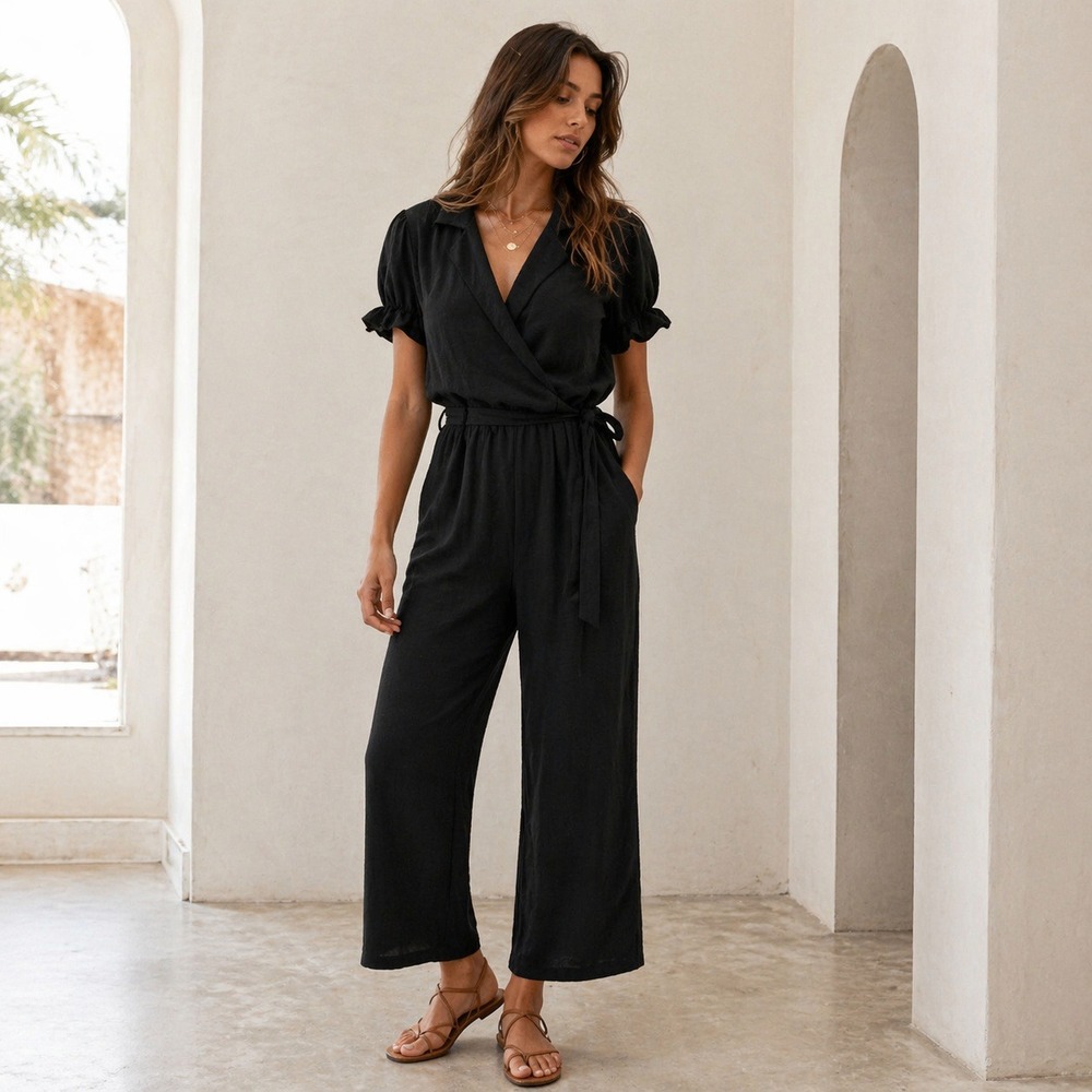 Nevena Rae Black Wrap Jumpsuit Women M Puff Sleeve Tie Waist Minimalist